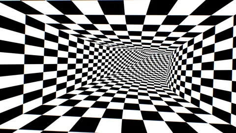 Inside Fast Black White Abstract Checkerboard Optical Illusion Tunnel Stock Footage 255807842