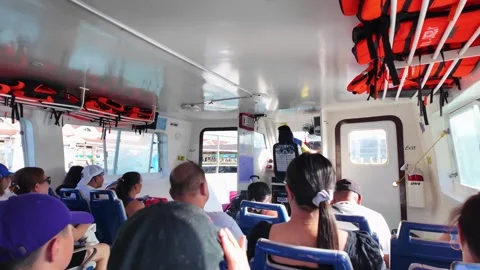 Inside ferry public transport from Caticlan to Boracay island in the Philippines Stock Footage 327555138