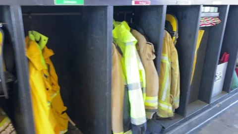 Inside of Fire Station showing uniforms. Stock Footage 194346987