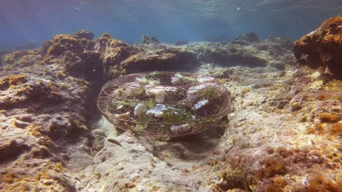 Inside fishtrap swims in Mediterranean parrotfish or European parrotfish and 스톡 동영상 257669657