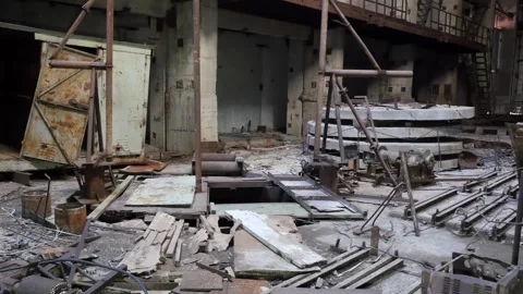 Inside a Forgotten Industrial Zone, Abandoned Turbine Hall Chernobyl Video stock 324951990