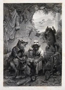 Inside the fox's abode, the old fox is stuffing a hare's head into a bag wh.. Stock Illustration
