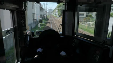 Inside front view of a train with a driver, Japan. Video stock 169481822