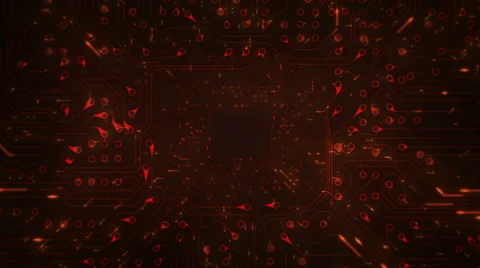 Inside futuristic circuit board with moving electrons. Loopable. Orange. Dolly Video stock 59587496