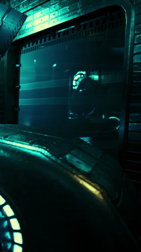 Inside a futuristic room with a glowing interface at night Stock Footage 336583923