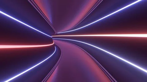 Inside Futuristic Sci-Fi Neon Spaceship Banked Hallway Tunnel Glowing Stock Illustration