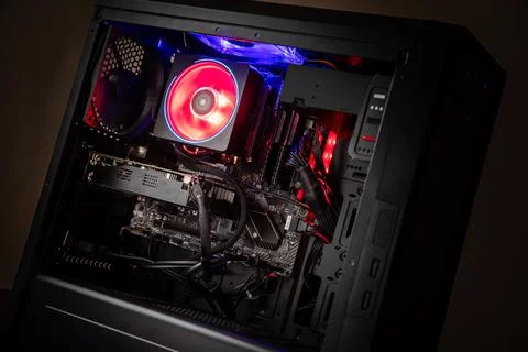 Inside of a gaming computer with LED lights 스톡 사진