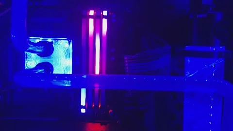Inside a Gaming PC: LED Lights and Custom Water Cooling in Action Stock Footage 307225639