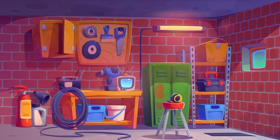 Inside garage workshop interior cartoon vector Illustrazione stock