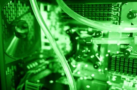 Inside green water cooled computer bokeh background 스톡 사진