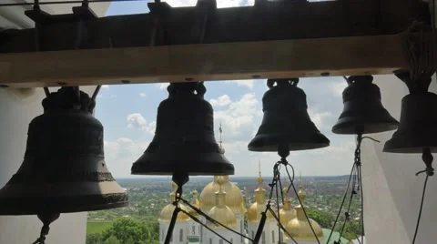 Inside the High Bell Tower of the Holy Cross Monastery Poltava City Metal Bells Stock Footage 64105810