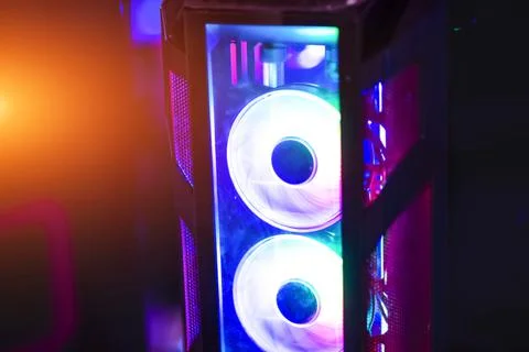 Inside a high performance computer. Computer circuit board and CPU cooling fa Stock Photos