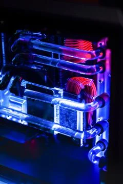 Inside a high performance computer. Computer circuit board and CPU cooling fa Stock Photos