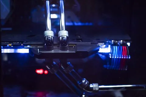 Inside a high performance computer. Computer circuit board and CPU cooling fa Stock Photos