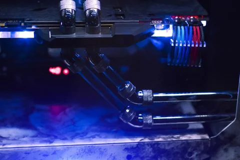 Inside a high performance computer. Computer circuit board and CPU cooling fa Stock Photos