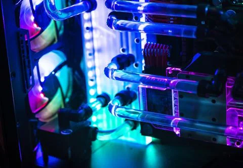 Inside a high performance computer. Computer circuit board and CPU cooling fa Stock Photos