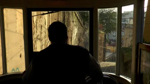 Inside historic cable car moving down in lisbon Stock Footage 32723898