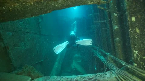 Inside hold of the shipwreck Swedish ferry MS Zenobia. Wreck diving. Stock Footage 159073830