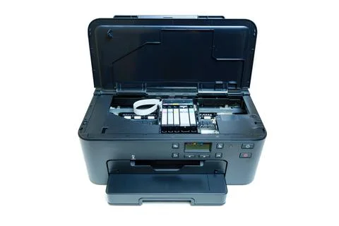 Inside the Inkjet Printer: View of the Holder with Cartridges 스톡 사진