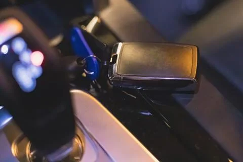 Inside the interior of a premium SUV.  the keys are near the gearbox Stock Photos