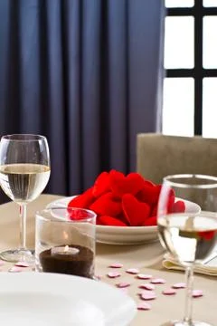 Inside interior table setting with beautiful plate of hearts Stock Photos