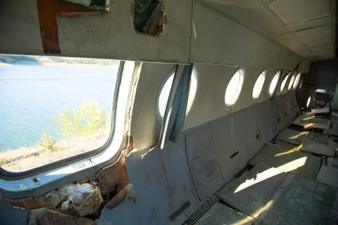 Inside interior view of abandoned plane. Stock Photos