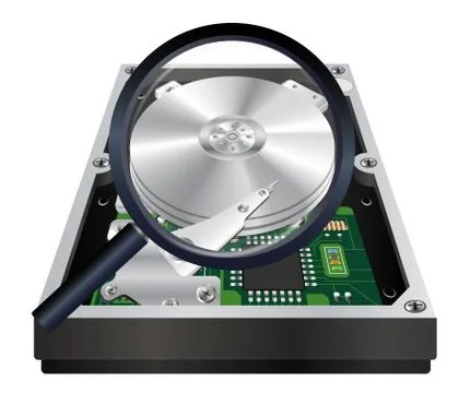 Inside of internal harddisk with a magnifying glass scanning Stock Illustration
