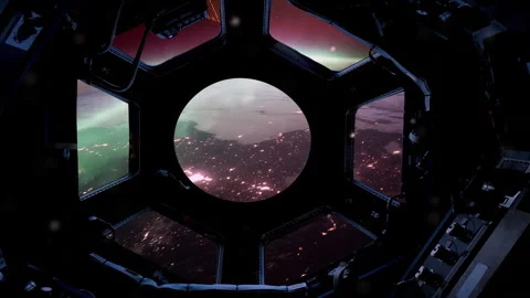 Inside International Space Station Looking At Green Aurora From Orbit - 4K Stock Footage 338348547