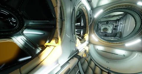 Inside an international space station module with equipment and lights Ilustración de archivo