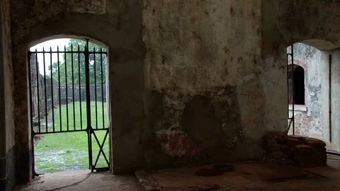 Inside a jail wing on Devils Island Stock Footage 76868330