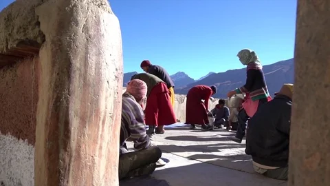 Inside of key monestry gompa monks serving food Stock Footage 83129099