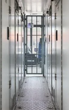 Inside of a large bus used by the department of justice Stock Photos