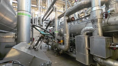 Inside a large industrial processing plant, showing an intricate network Stock Footage 345626200