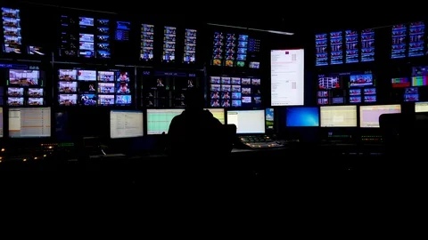 Inside large network television pres suite, presentation control room, master Stock Footage 93171384