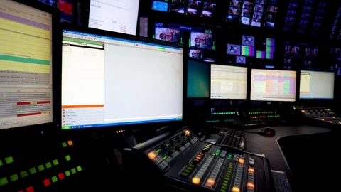 Inside large network television pres suite, presentation control room, master Stock Footage 93171456