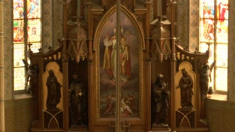 Inside large old Gothic Catholic Church Stock Footage 108438602
