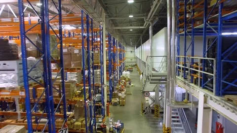 Inside a large warehouse, storage. 4K. Video stock 79791989