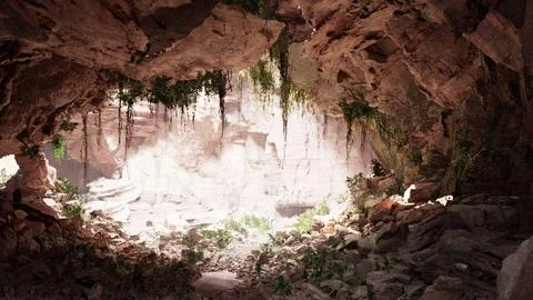 Inside a limestone cave with plants and sun shine Ilustração Stock