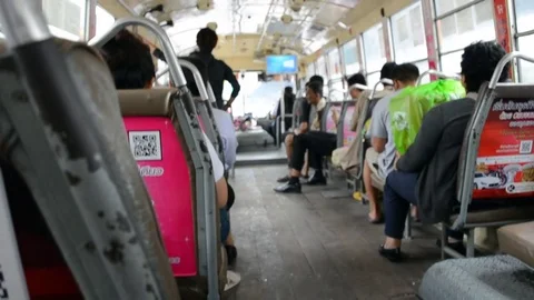 Inside local passenger bus on January 12, 2017, Bangkok, Thailand. Stock Footage 71591999