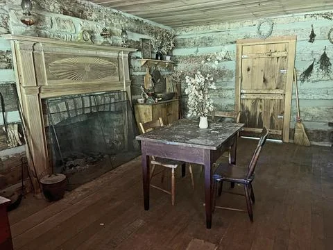Inside the Log Cabin in Historic Spring Mill State Park Stock Photos