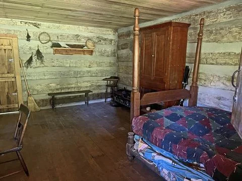 Inside the Log Cabin in Historic Spring Mill State Park Stock Photos