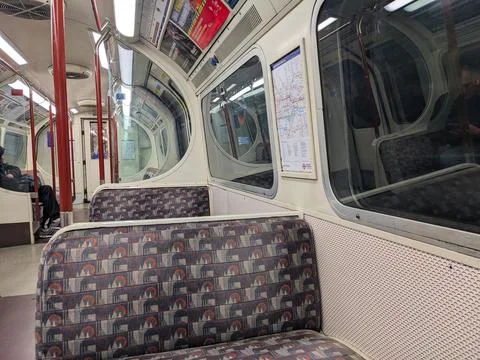 Inside a London Underground Bakerloo Line Train Carriage - Classic Seats and Stock Photos