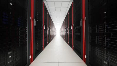 Inside the long server database room corridor Foto stock