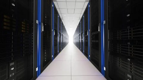 Inside the long server database room corridor Stock Photos