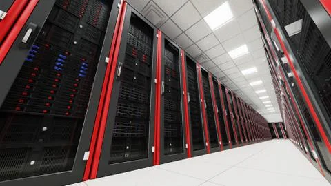 Inside the long server database room corridor Foto stock