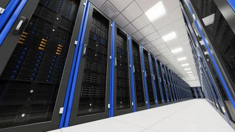 Inside the long server database room corridor Foto stock
