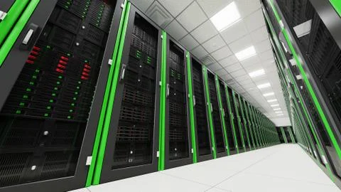 Inside the long server database room corridor Foto stock