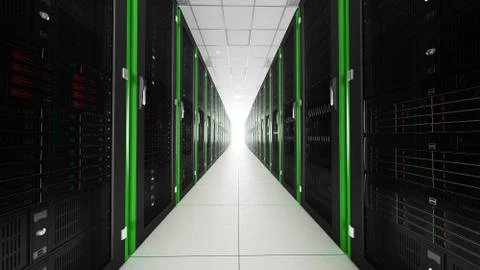 Inside the long server database room corridor Foto stock