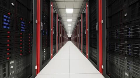 Inside the long server database room corridor Stock Photos