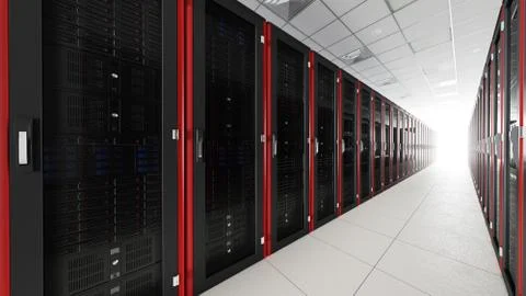 Inside the long server database room corridor Foto stock